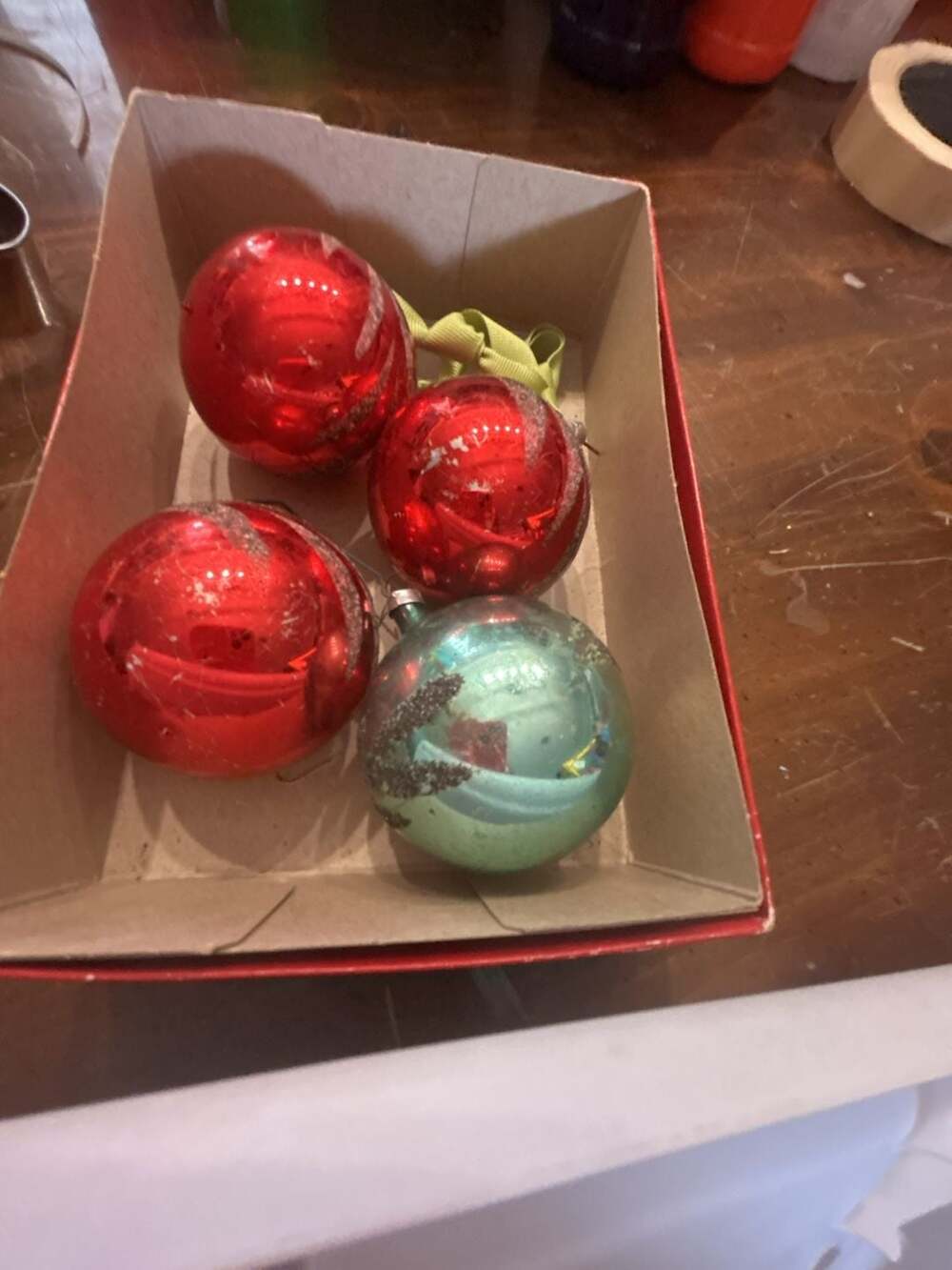 Vintage Mercury Glass Christmas Ornaments, Set of 4 Red and Green Glittered Ball